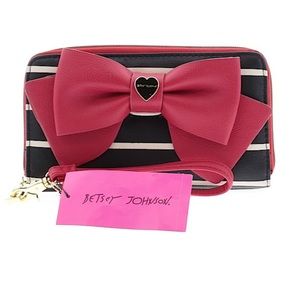 Betsey Johnson Pink Black White Striped Bow Wallet